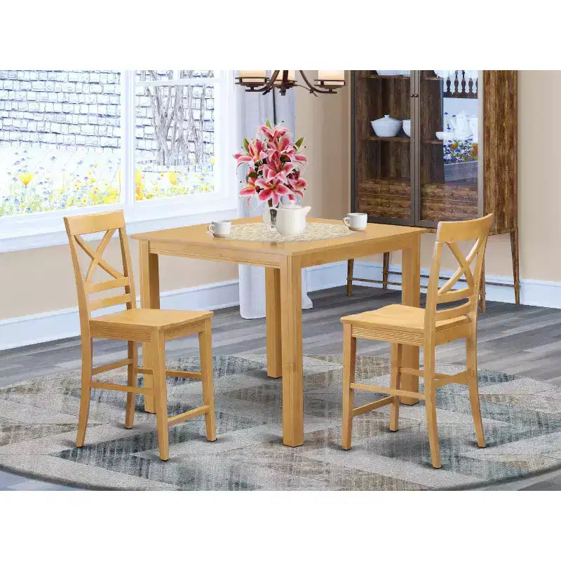 HomeStock 3-Piece Natural Brown Oak Finish Solid Wood Top Counter Height Dining Table Set