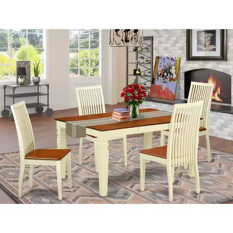 HomeStock 5-Piece Buttermilk and Cherry Finish Solid Wood Top Dining Table with 4 Chairs