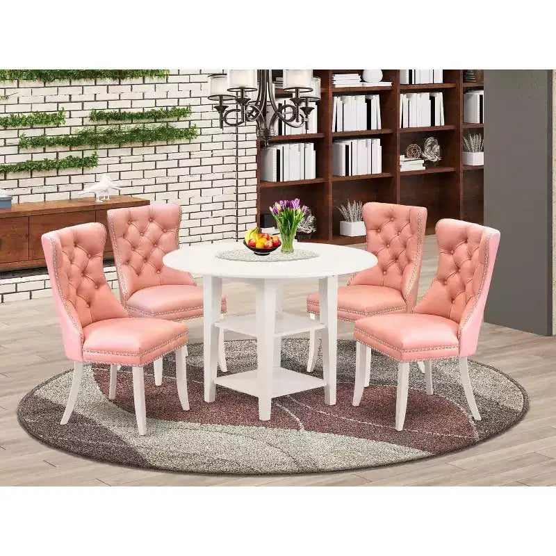 5-Piece Linen White Finish Solid Wood Top - Round Dining Room Set - Seats 4