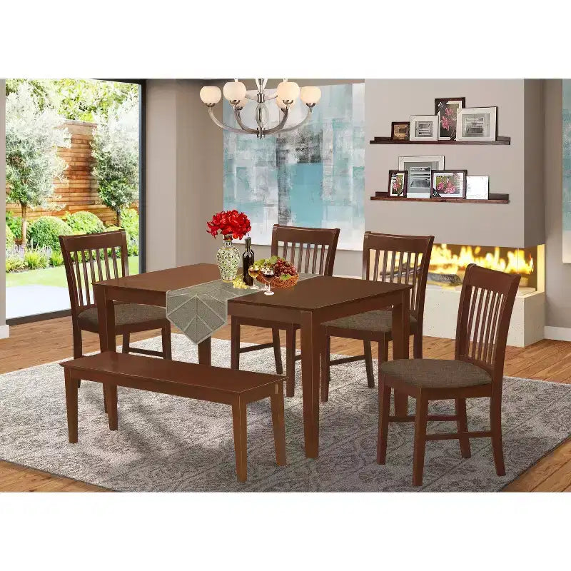 HomeStock 6-Piece Rectangle Mahogany Finish Solid Wood Top Dining Table with 1 Bench, 4 Chairs