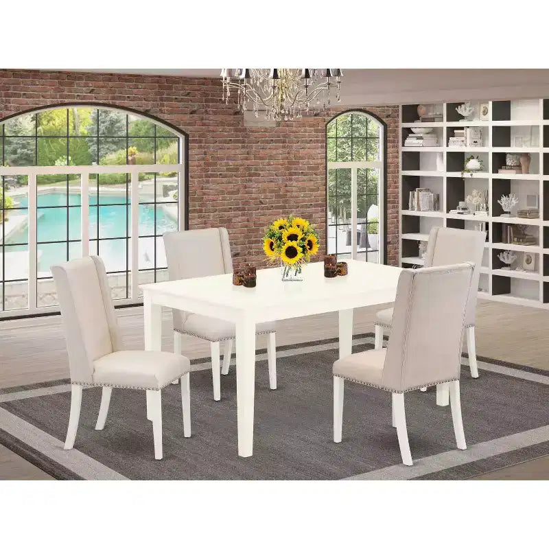 HomeStock 5-Pc Linen White Finish Solid Wood Top - Rectangular Dining Room Set - Seats 4
