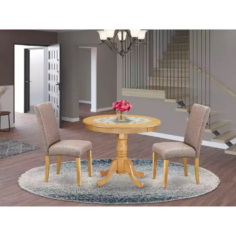 Medieval Round Dining Set - 3 Piece Table & Chair Set - Oak Finish - Dark Khaki Linen Fabric - Cozy Dining