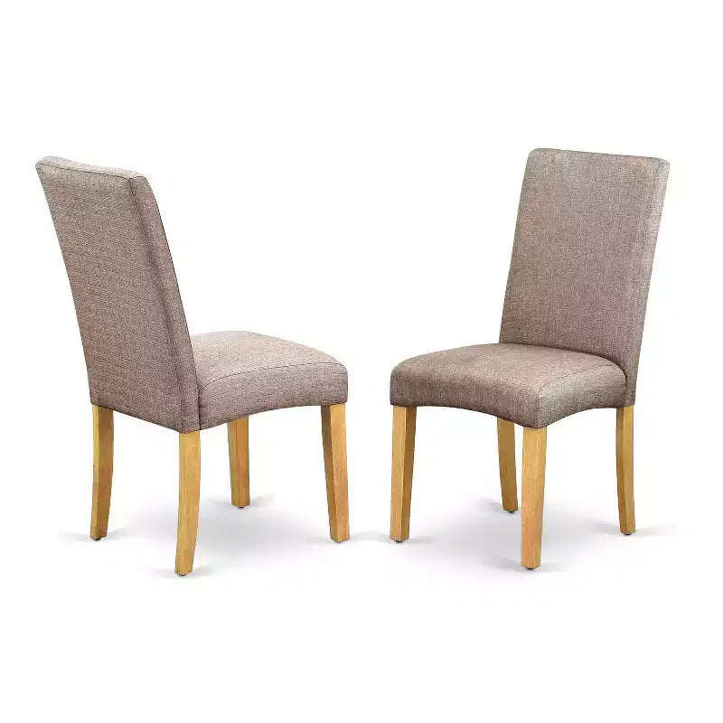 Medieval Round Dining Set - 3 Piece Table & Chair Set - Oak Finish - Dark Khaki Linen Fabric - Cozy Dining
