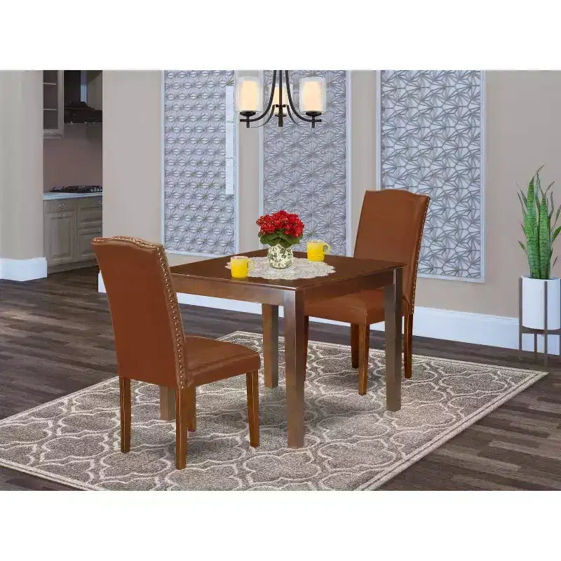 Rustic Dining Set 3Pc Square Table & 2 Parsons Chairs - Mahogany Legs, Brown Faux Leather