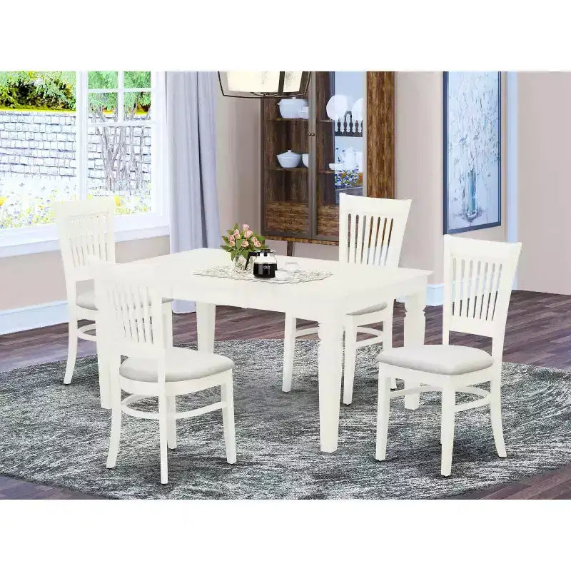 HomeStock 5-Piece Rectangle Linen White Finish Solid Wood Top Dining table with 4 Chairs with Butterfly Leaf Slat Back