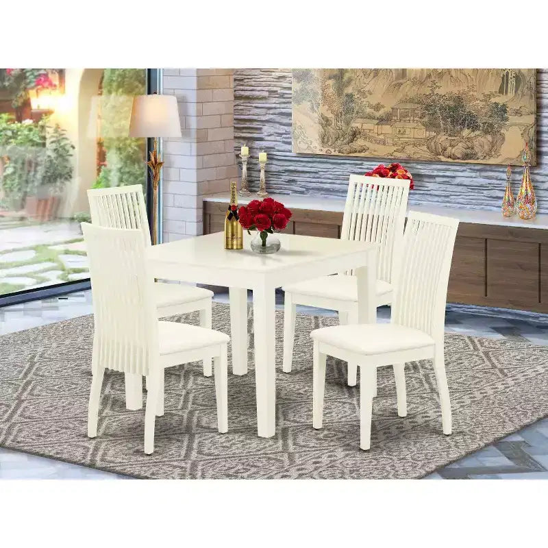 5-Piece Linen White Finish Solid Wood Top - Square Dining Room Set - Seats 4