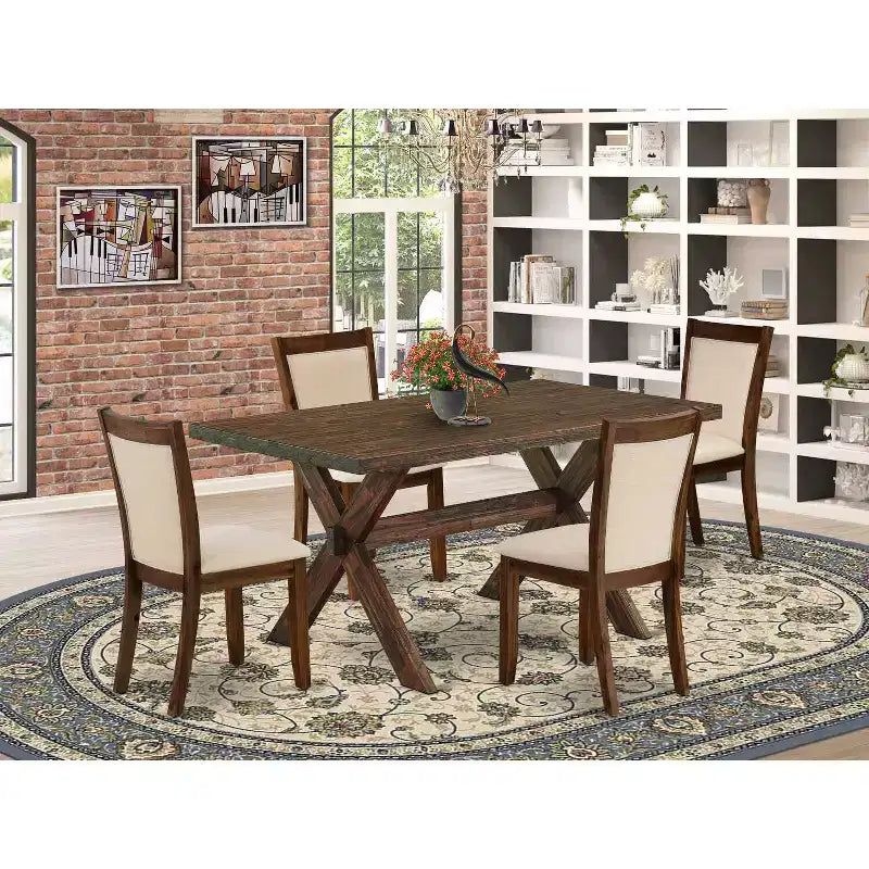 HomeStock 5-Piece Distressed Jacobean Finish Solid Wood Top Dining Table with 4-Upholstered Chairs