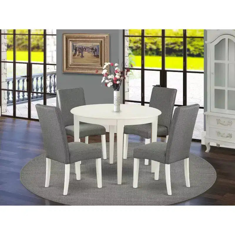 Modern Dining Set 5 Piece - Round Kitchen Table & 4 Fabric Chairs - 42 Inch - Linen White