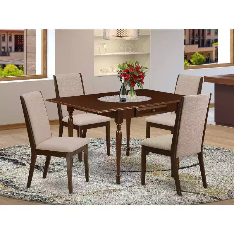 5-Piece Mahogany Finish Solid Wood Top - Rectangular Dining Room Set with Leaf - Seats 4