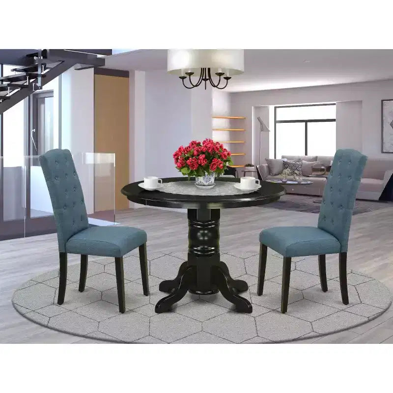 HomeStock 3-Pc Black Finish Solid Wood Top - Round Dining Room Set - Seats 4