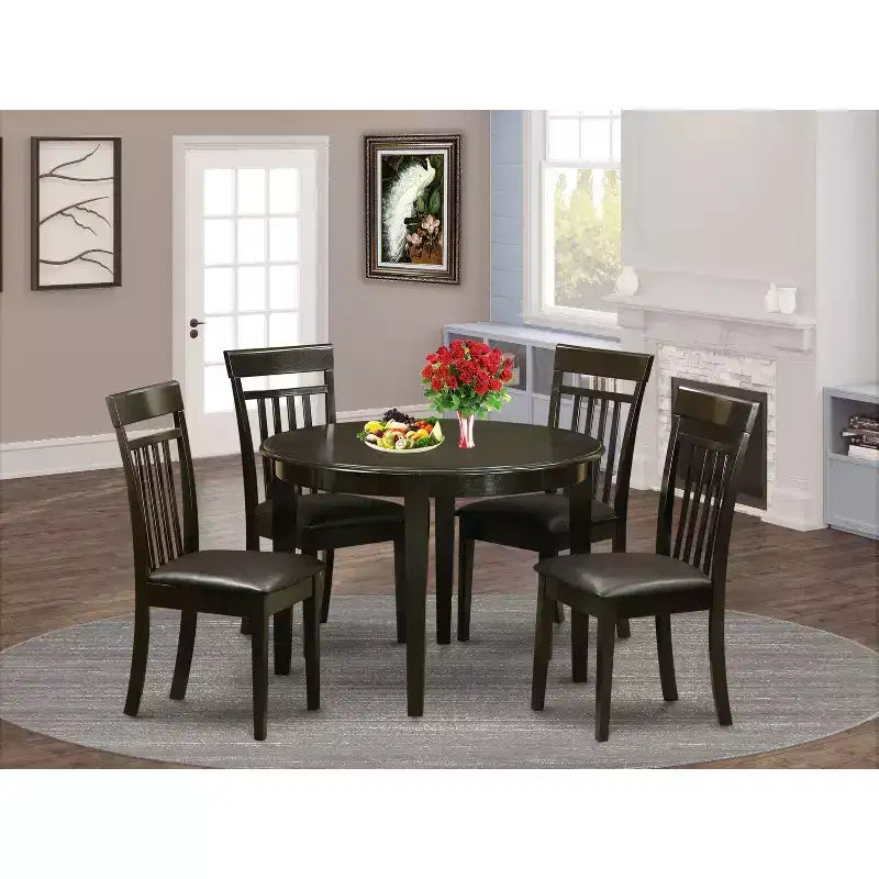 HomeStock 5-Piece Round Cappuccino Finish Solid Wood Top Dining Table with 4-Chairs