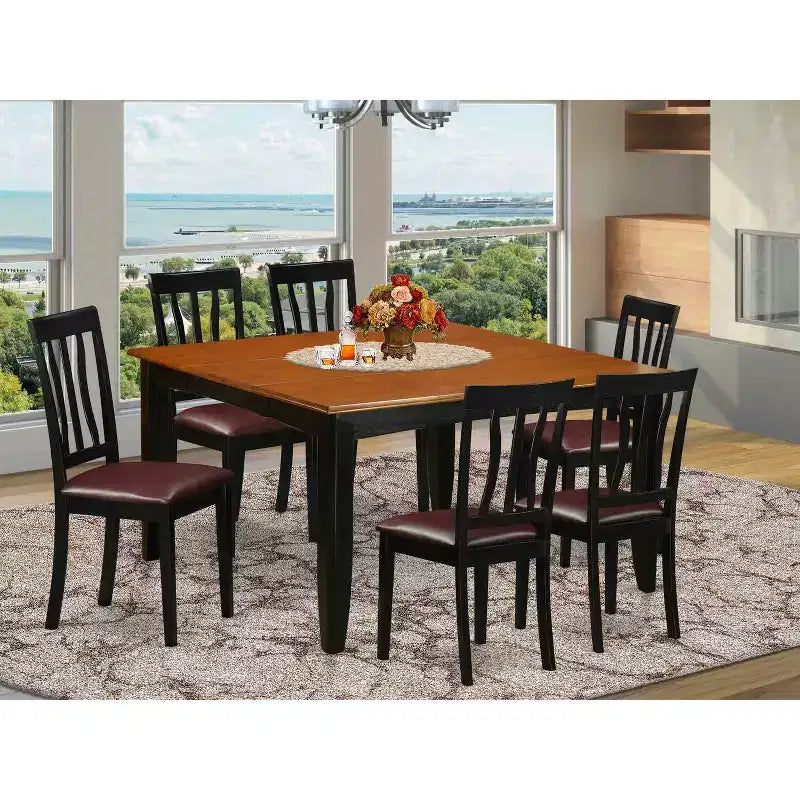 HomeStock 7-Piece Square Black & Cherry Finish Solid Wood Top Dining Table with 6-Chairs