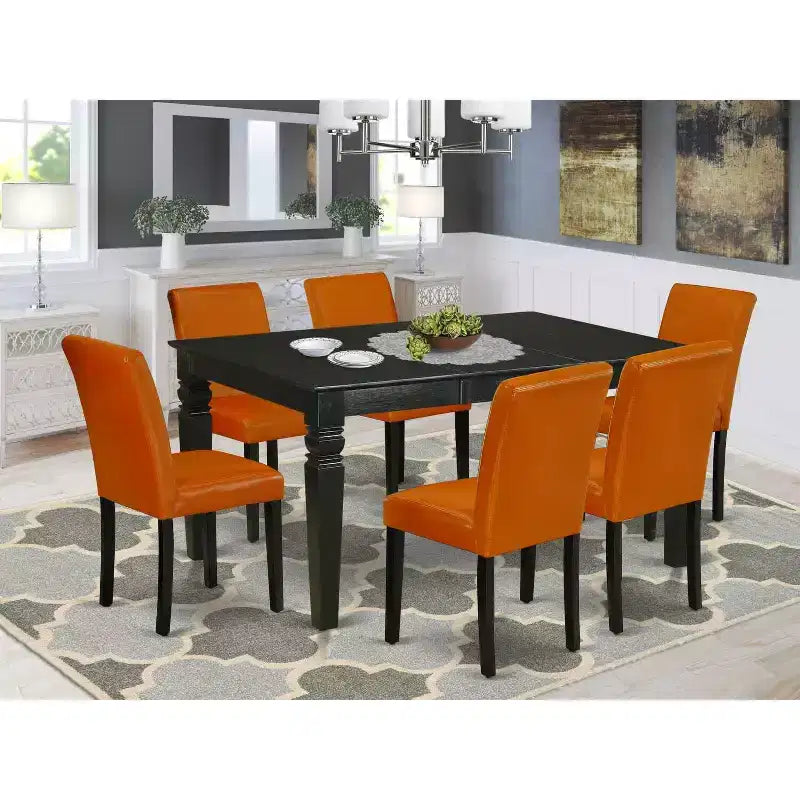 Rustic Dinette Table Set 7Pc 42x60 Rectangular Table w/ Leaf & 6 Parsons Chairs