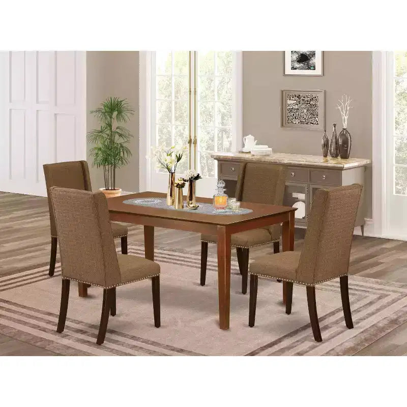 Kitchen Table Set 5 Piece - Dining Room Table & 4 Chairs - Modern Fabric Seat - Brown Beige Finish