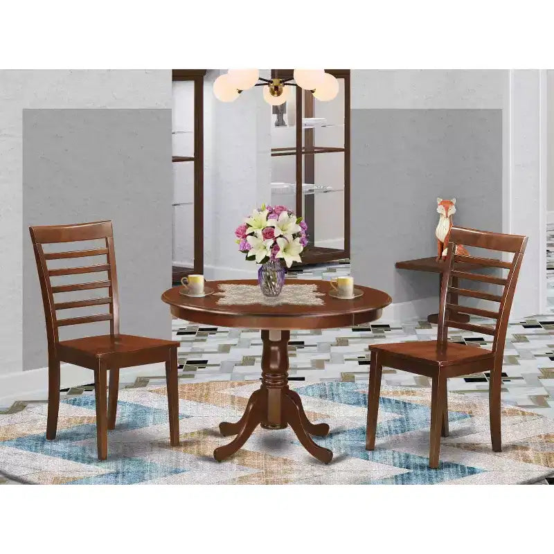 3-Piece Mahogany Finish Solid Wood Top - Round Dining Room Set - Seats 4
