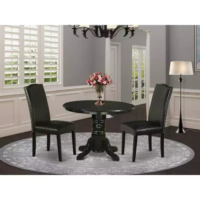 Dinette Set 3Pc Round Table & 2 Parsons Chairs - Black PU Leather - 42 Table