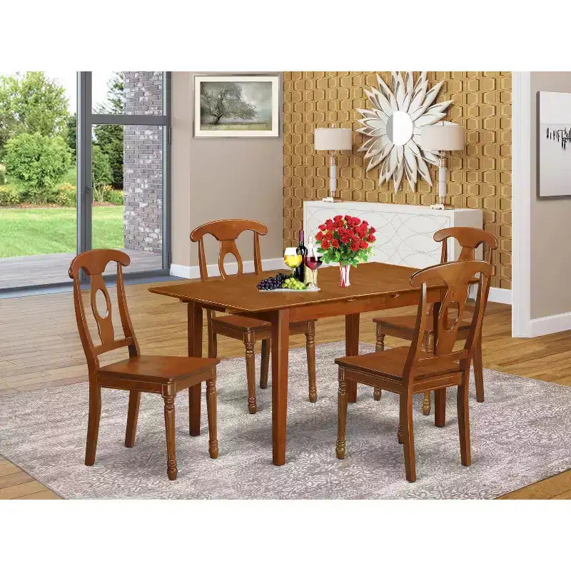 HomeStock 5-Pc Saddle Brown Finish Solid Wood Top - Dining Room Set with Leaf - Seats 4