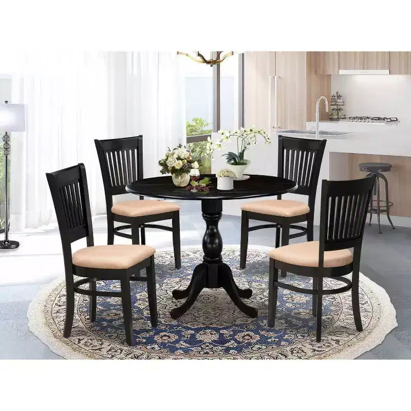 HomeStock 5-Piece Black Finish Solid Wood Top Dining table with 4 Chairs with Drop Leaf Slat Back