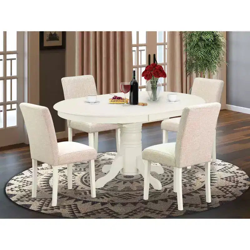 Vintage Oval Dining Table Set - 5pc Table & 4 Chairs - Linen White Legs - Light Beige Fabric