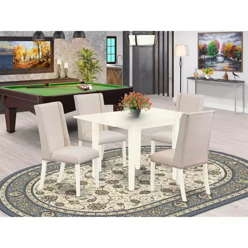 HomeStock 5-Piece Linen White Finish Solid Wood Top Dining Table with 4-Parson Chair with Drop Leaf