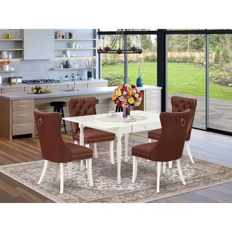5-Piece Linen White Finish Solid Wood Top - Rectangular Upholstered Dining Room Set - Seats 4
