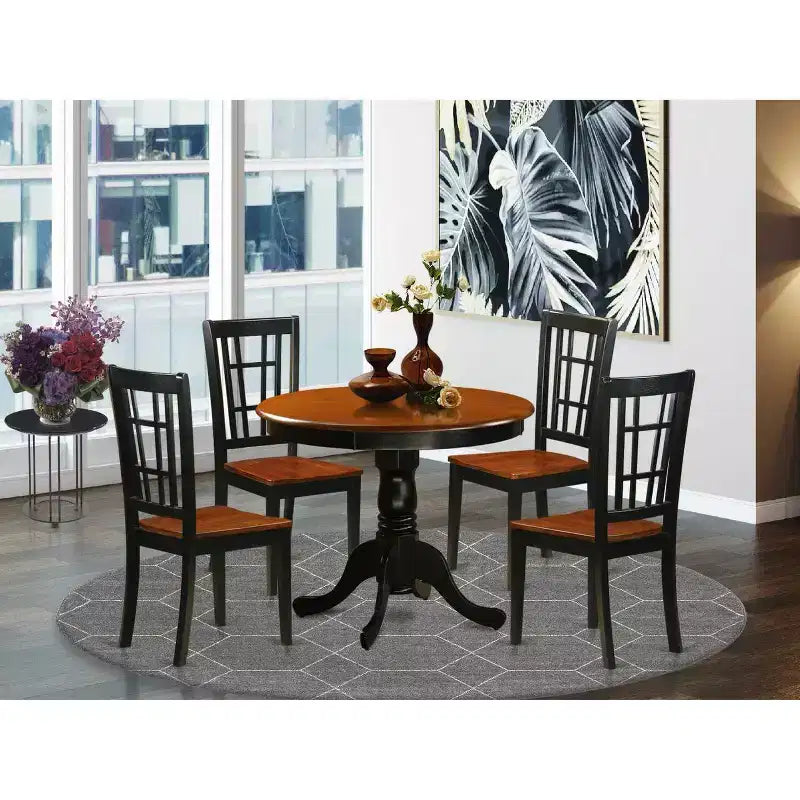 5-Piece Round Black Finish Solid Wood Top Dining table with 4-Chairs with