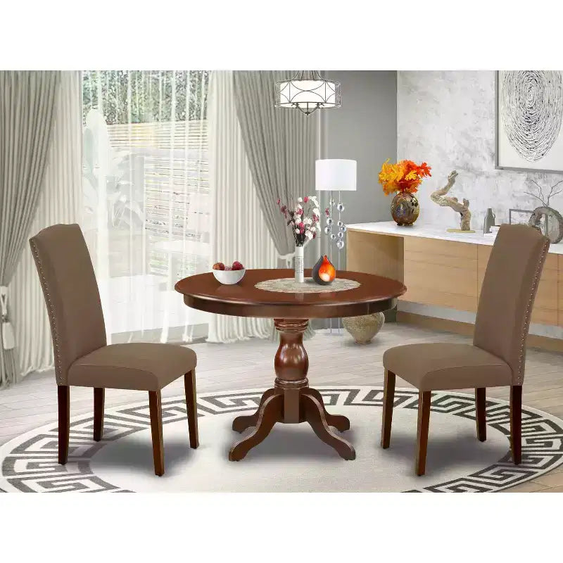 3-Piece Mahogany Finish Solid Wood Top - Button Tufted Upholstered Dining Room Set - Seats 4