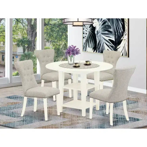 Ensemble de salle à manger rond 5 pièces en bois massif, fini blanc lin, avec rallonge – 4 places