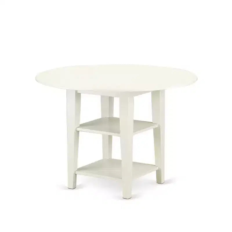 5-Piece Linen White Finish Solid Wood Top - Round Dining Room Set with Leaf - Seats 4