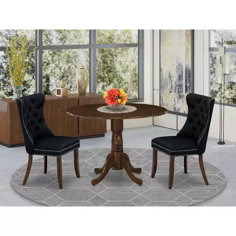 3-Piece Antique Walnut Finish Solid Wood Top-Round Upholstered Dining Room Set -Seats 4