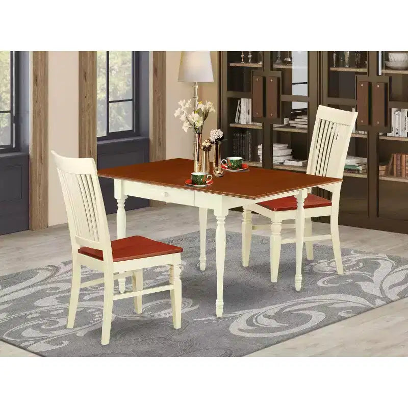 HomeStock 3-Pc Buttermilk and Cherry Finish Solid Wood Top with Dropleaf Dining Table Set