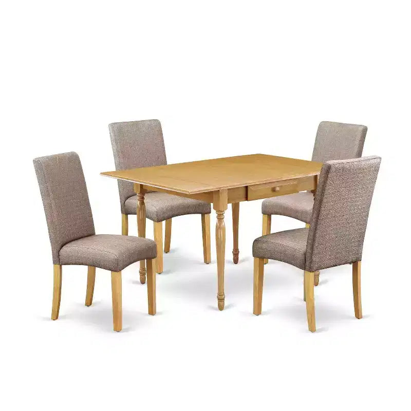 HomeStock 5-Piece Natural Oak Finish Solid Wood Top Dining Table with 4-Parson Chair with Drop Leaf