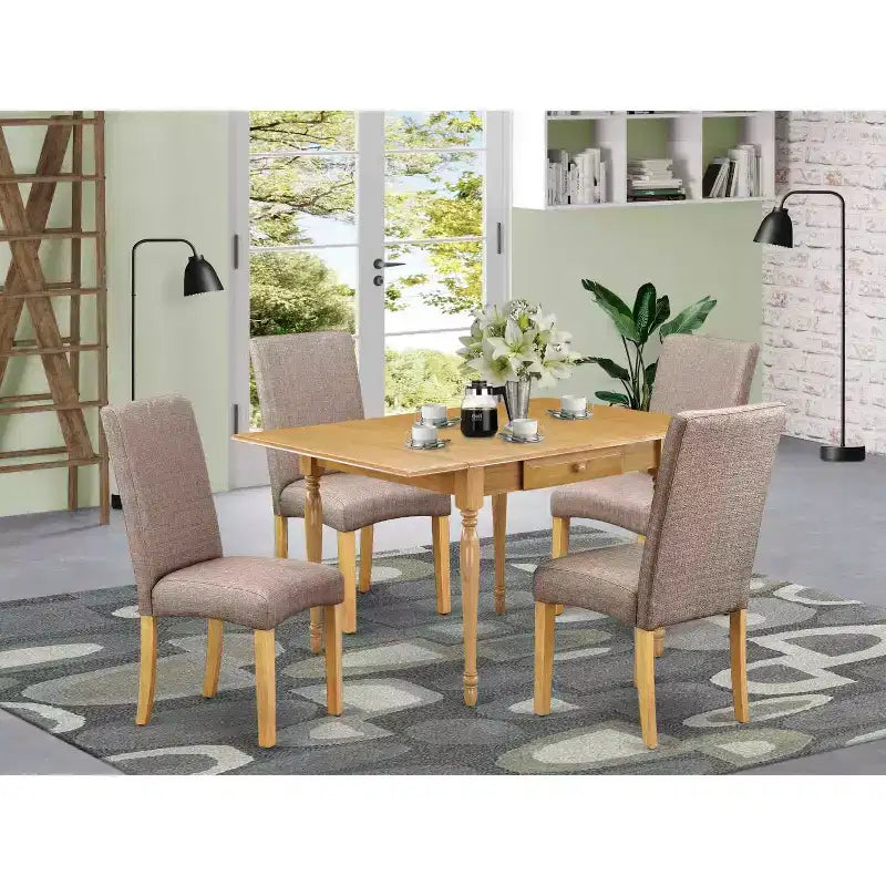 HomeStock 5-Piece Natural Oak Finish Solid Wood Top Dining Table with 4-Parson Chair with Drop Leaf
