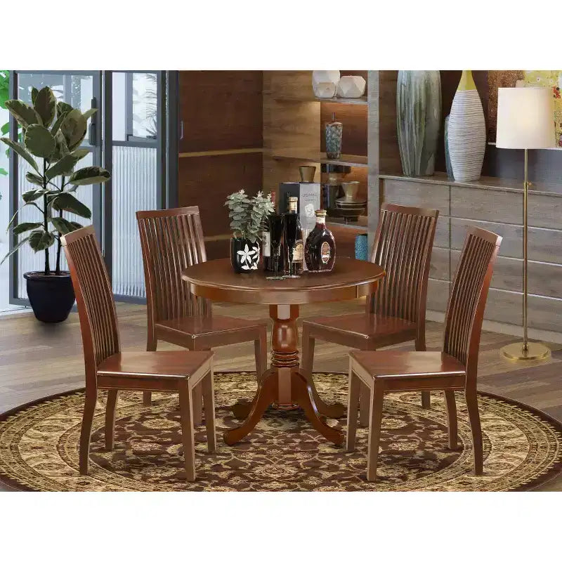 HomeStock 5-Piece Round Mahogany Finish Solid Wood Top Dining table with 4-Chairs