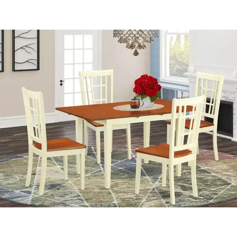 5 Piece Kitchen Table Set for 4 - Rectangle Dining Table with Butterfly Leaf & 4 Chairs - Buttermilk & Cherry Finish