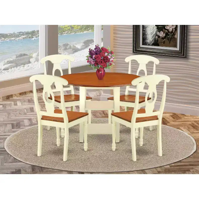 Dinette Set 5 Piece Round Table & Chairs - Buttermilk Cherry Finish - Small Kitchen Table Set