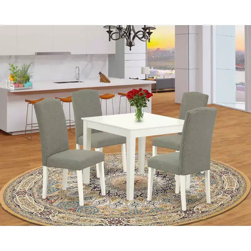 Modern 5Pc Dining Set - Square Table & 4 Chairs - Linen White Legs - Dark Shitake Fabric