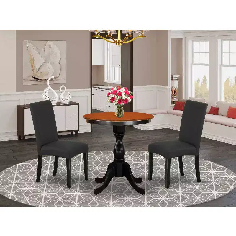 3-Piece Black and Cherry Finish Solid Wood Top - Dining Room Set with High Back - Seats-4