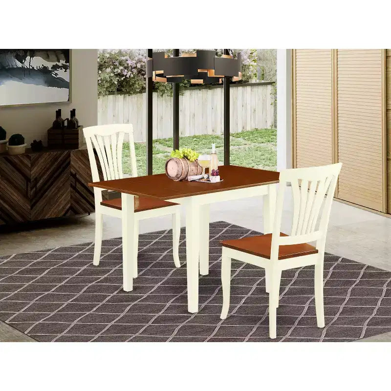 Wooden Dining Table Set 3 Piece - Kitchen Table with 2 Chairs - Hardwood Seat - Butter Milk Finish