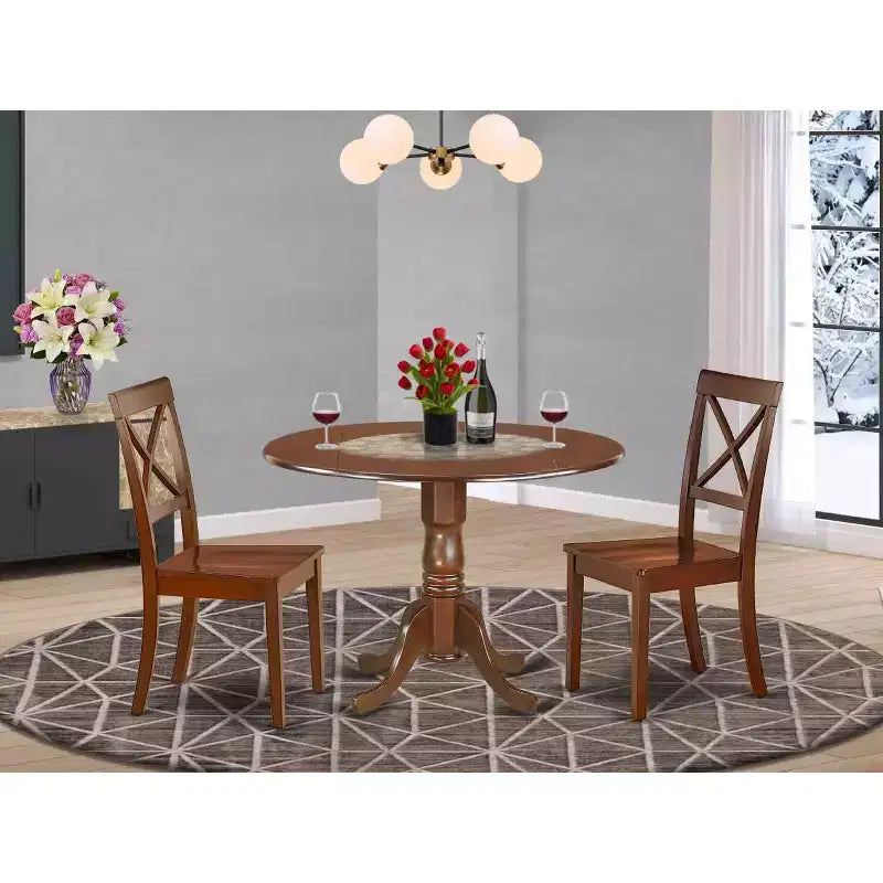 Round Dining Table Set 3pc 42 Inch Table w/ Drop Leaves & 2 Kitchen Chairs
