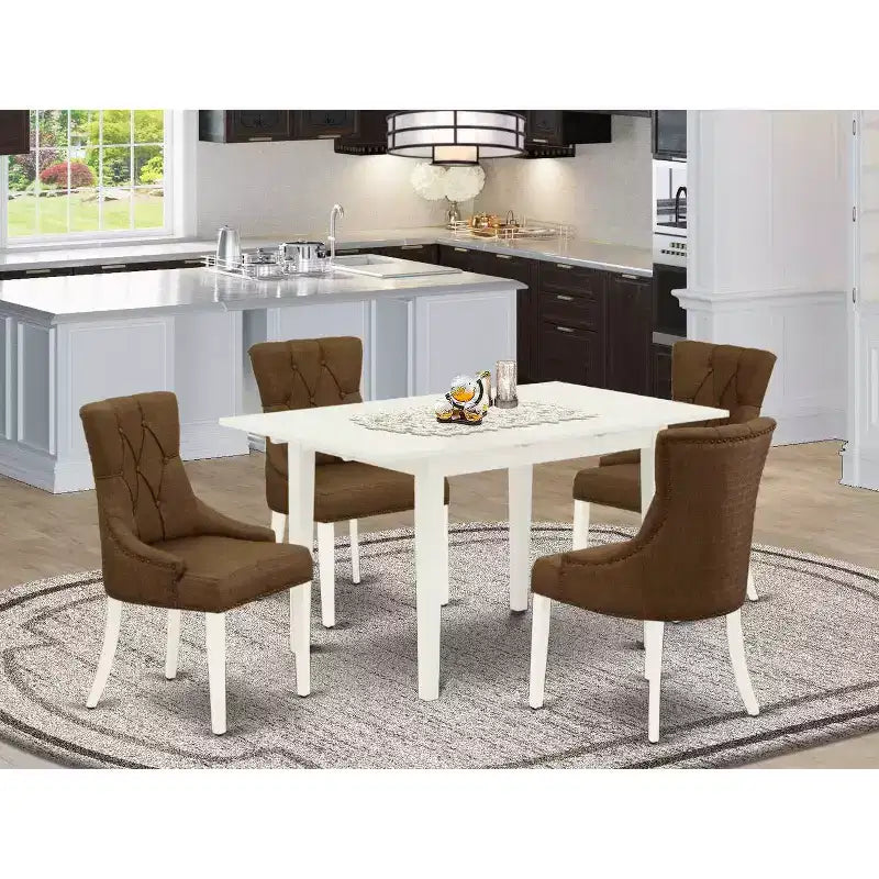 HomeStock 5-Pc Linen White Finish Solid Wood Top - Rectangular Upholstered Dining Room Set with Butterfly Leaf - Seats 4