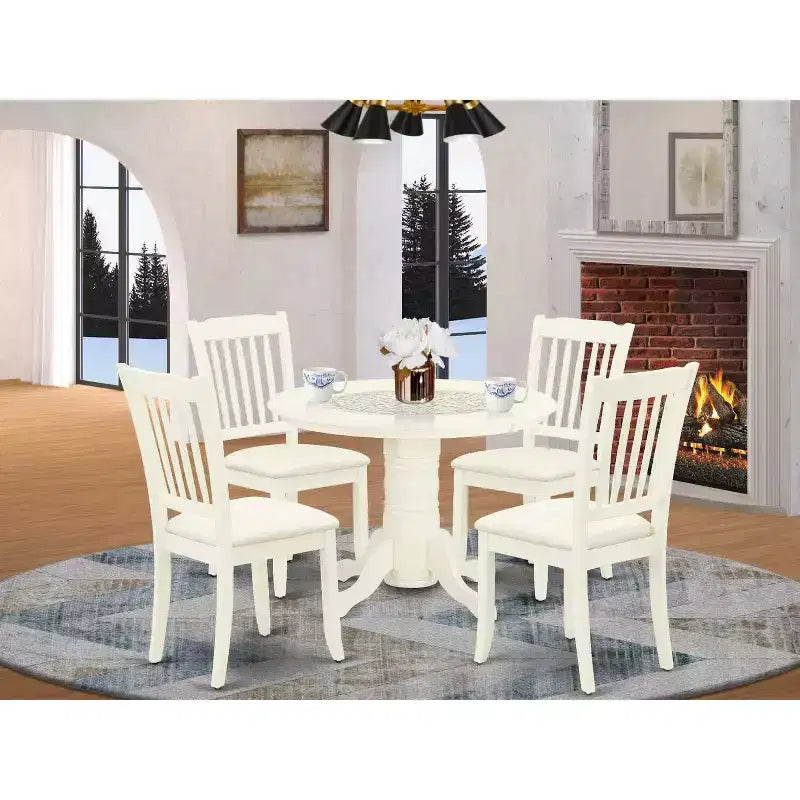 HomeStock 5-Piece Round Buttermilk and Cherry Finish Solid Wood Top Dining table with 4-Chairs with Slat Back