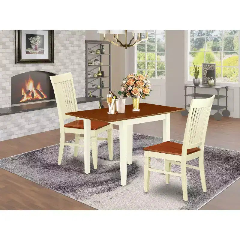 Retro Dinette Set 3Pc - Small Kitchen Table & Chairs - Buttermilk Cherry Finish - Wood Dining Set