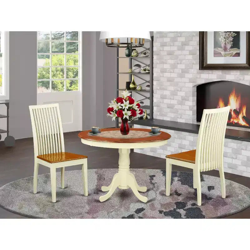 HomeStock 3-Pc Buttermilk and Cherry Solid Wood Top - Round Dining Room Set - Seats 4