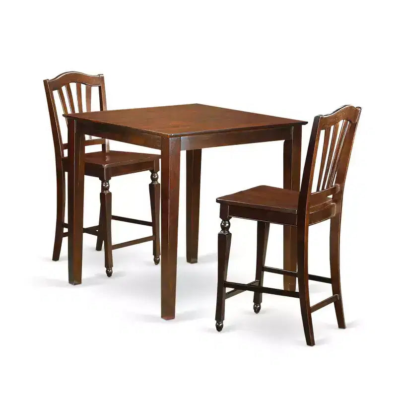 Counter Height Pub Set - 3 Piece Asian Style Table & Chairs - Small Space Dining Set - 36x36 Inch Mahogany