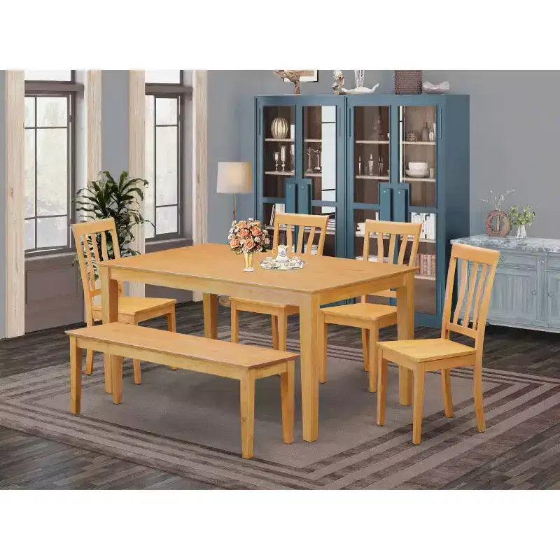 HomeStock 6-Piece Rectangle Natural Oak Finish Solid Wood Top Dining Table with 1 Bench, 4 Chairs with Slat Back, Seats 6