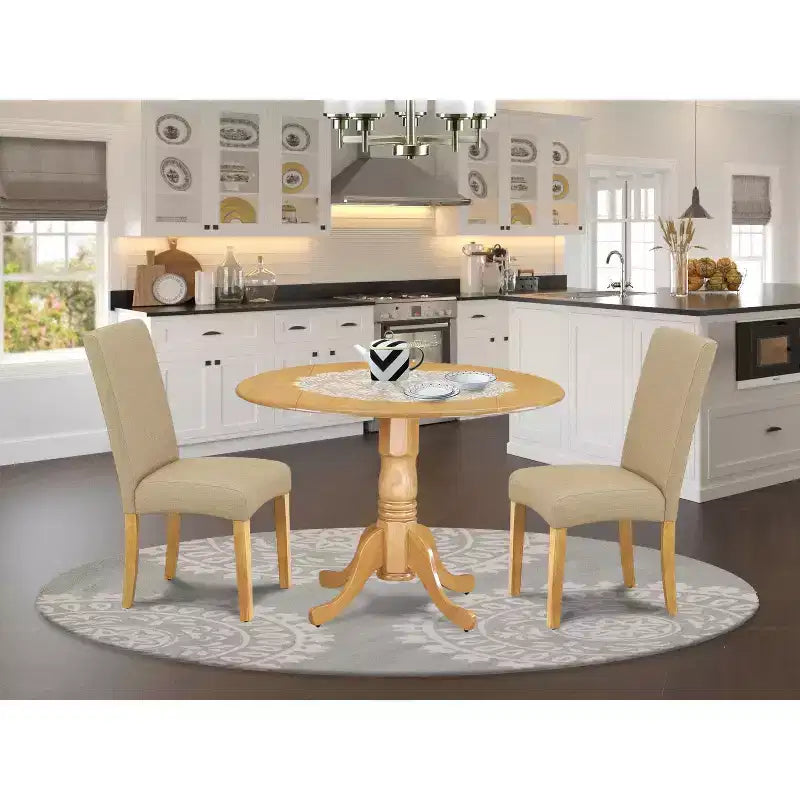 Round Dining Table Set - 42 Inch Table with 2 Chairs - Linen Fabric Seats - Oak Finish Legs
