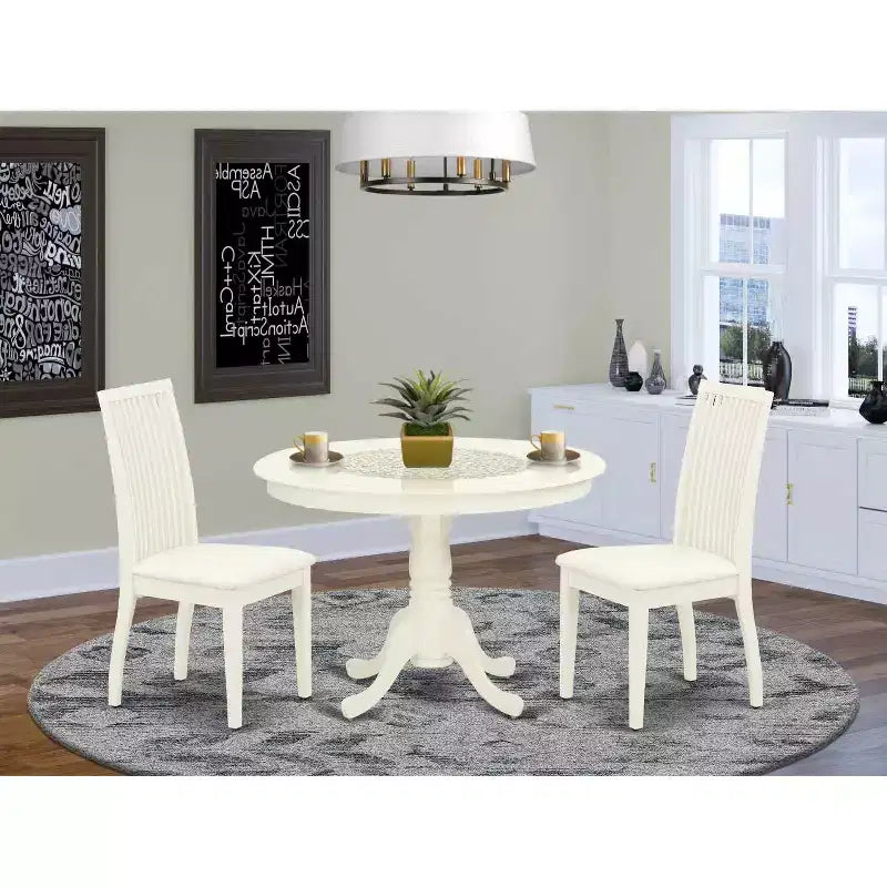 3-Piece Linen White Finish Solid Wood Top-Round Dining Room Set-Seats 4