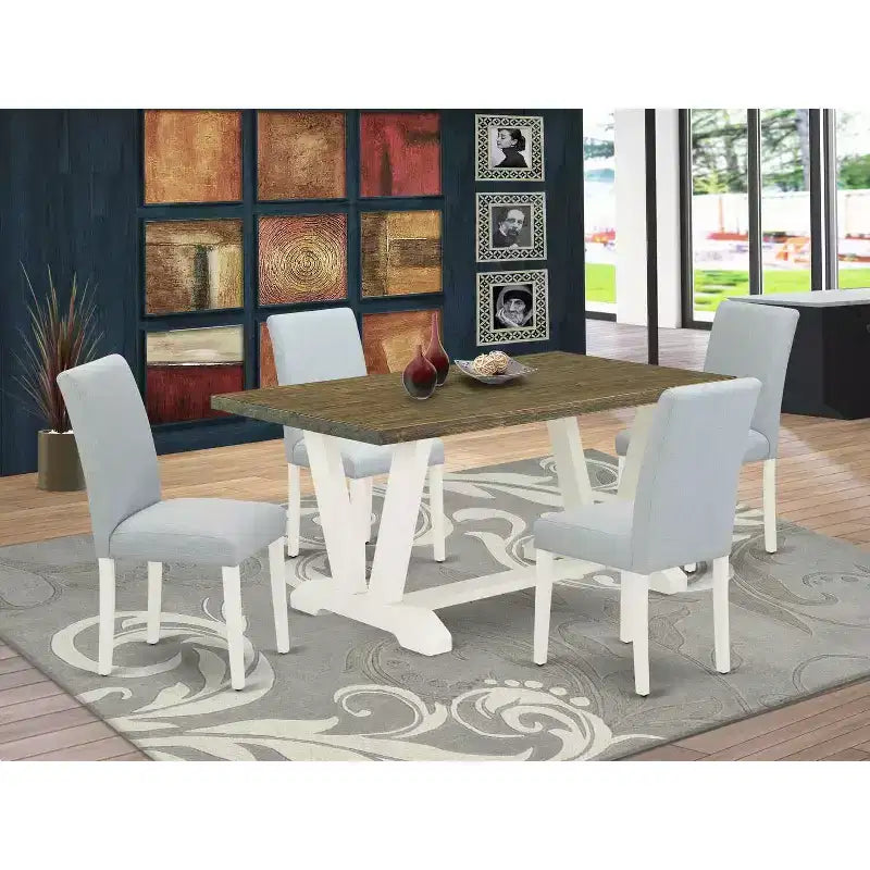 HomeStock 5-Pc Rectangle Natural Oak Finish Solid Wood Top Dining Table with 4 Upholstered Chairs