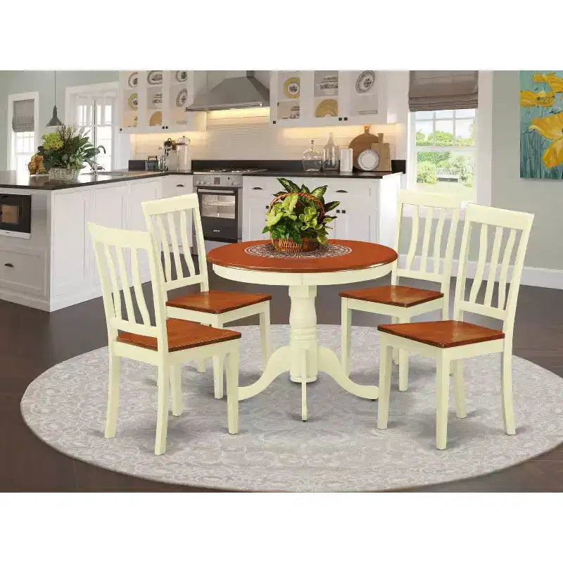 HomeStock 5-Piece Round Buttermilk and Cherry Finish Solid Wood Top Dining table with 4 Chairs